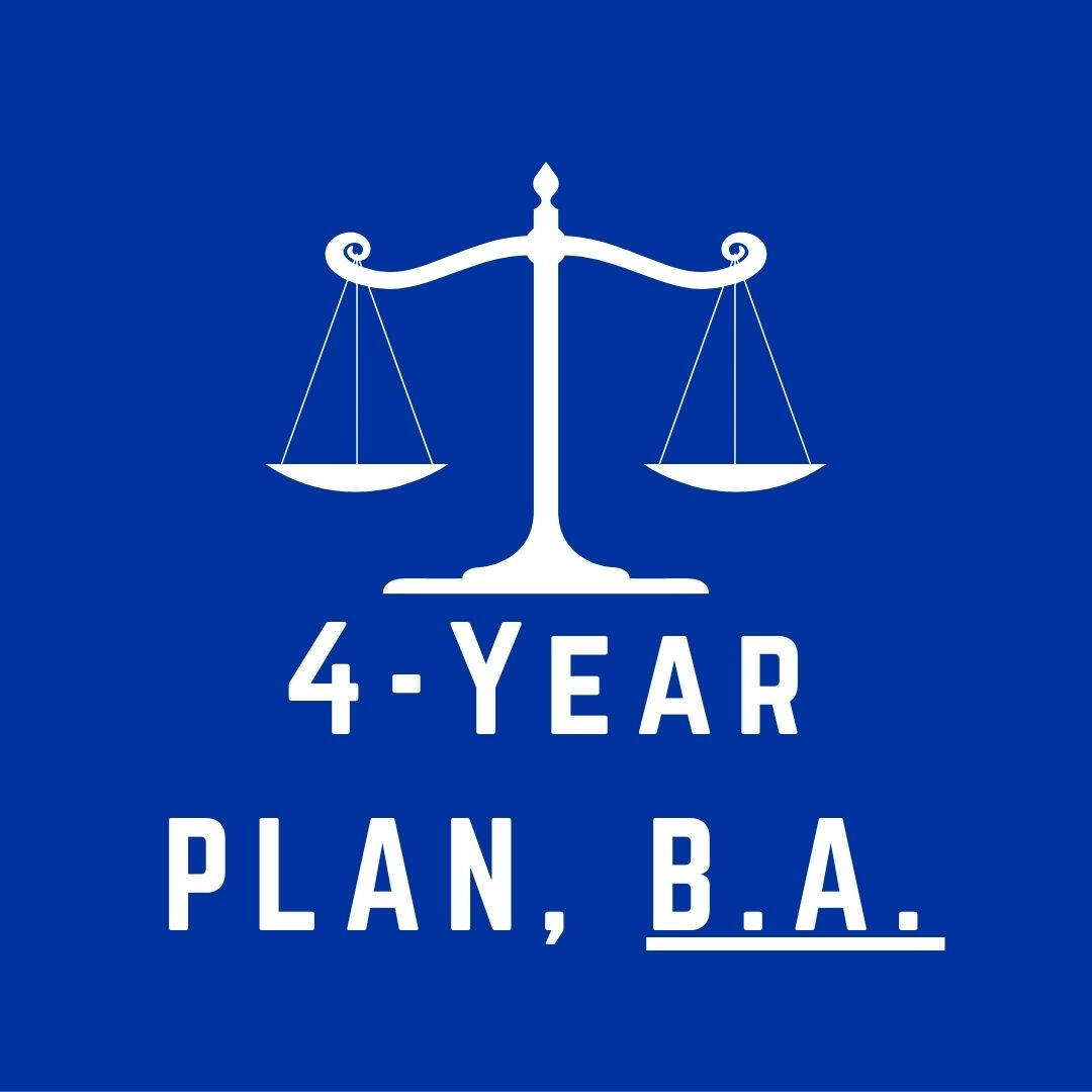 blue logo for legal studies major, image is a drawing of scales of justice above text that reads "first year plan B A"